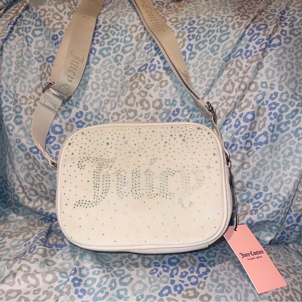 New White Juicy Couture Purse Crossbody Bag Velour Rhinestones